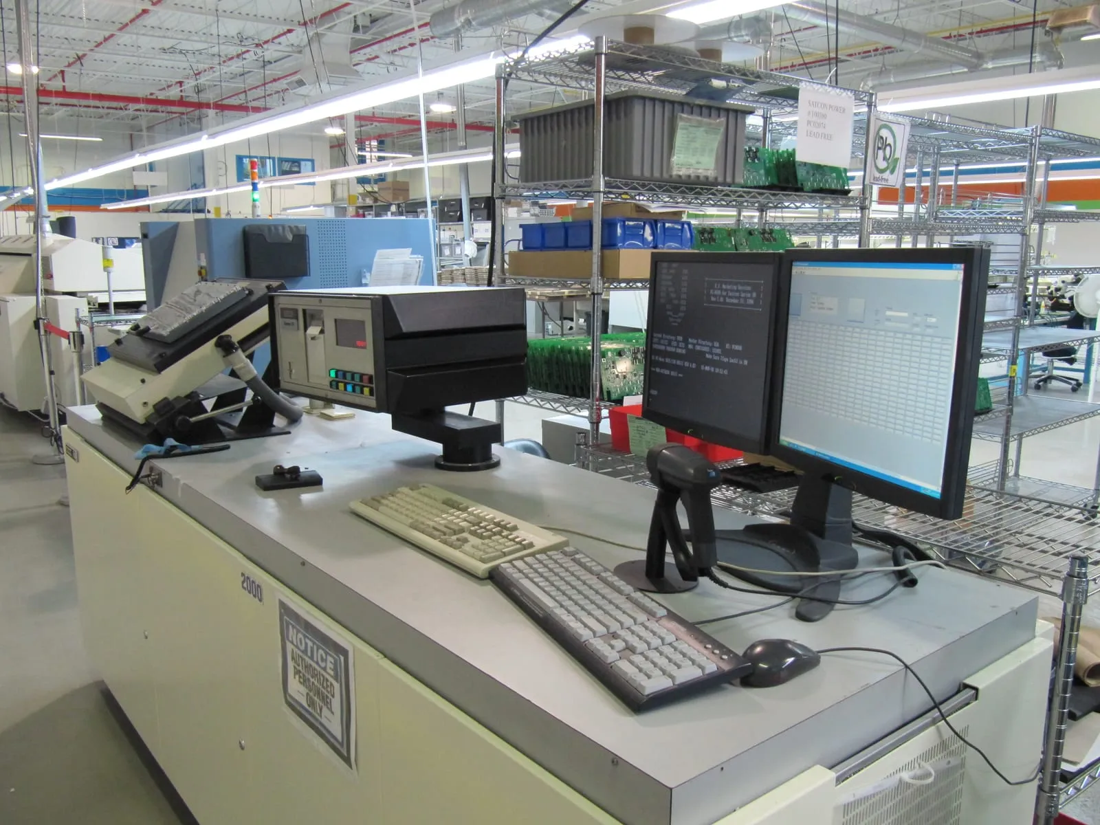 Test station with computers in a manufacturing facility