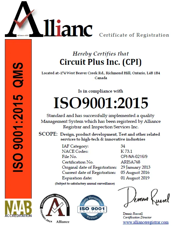 ISO 9001:2015 Certificate of Registration issued to Circuit Plus Inc. by Alliance Registrar and Inspection Services