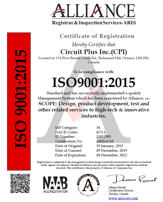 ISO 9001:2015 Certificate of Registration issued to Circuit Plus Inc. by Alliance Registrar and Inspection Services