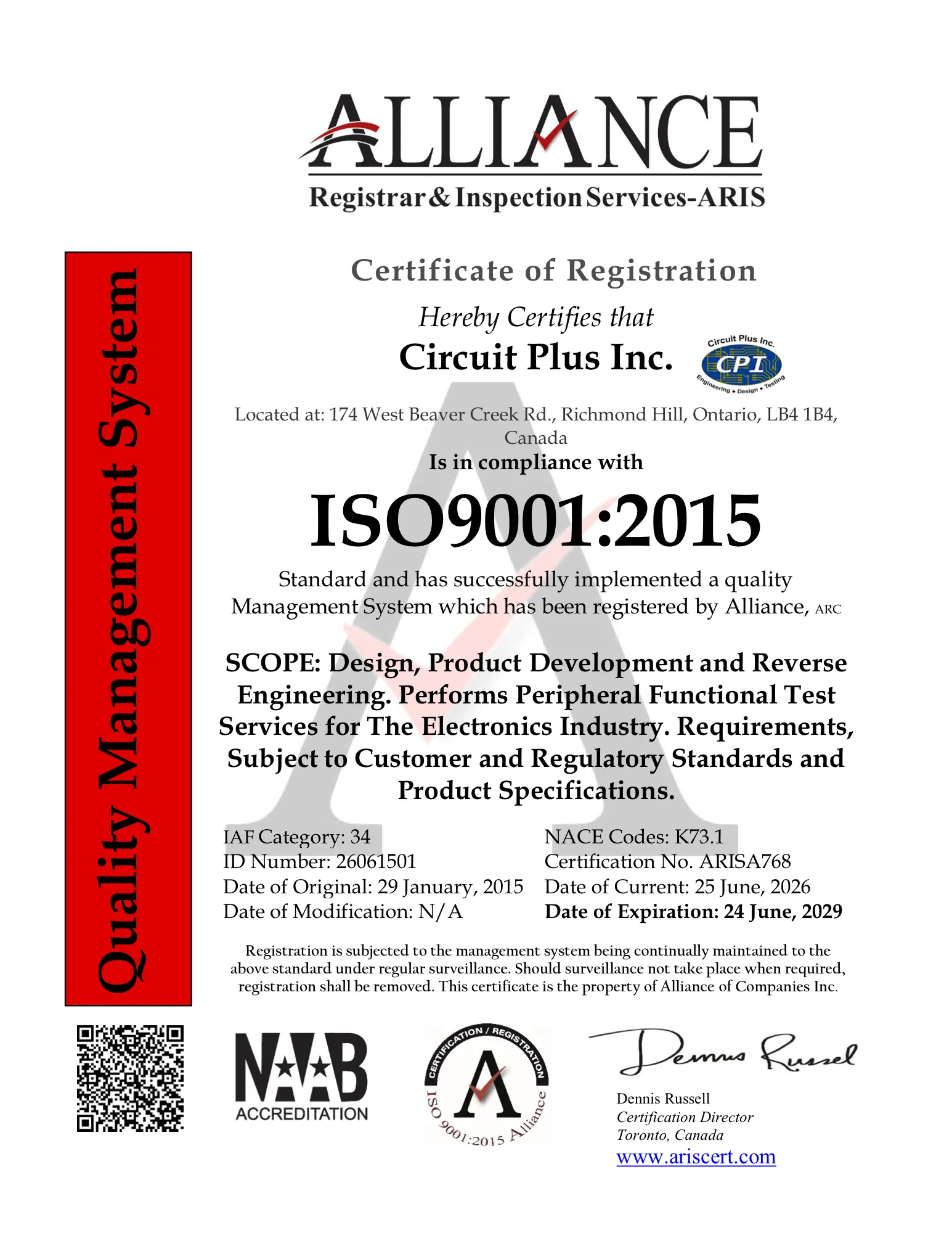 ISO 9001:2015 Certificate of Registration issued to Circuit Plus Inc. by Alliance Registrar & Inspection Services, dated 25 June 2026 and valid to 24 June 2029